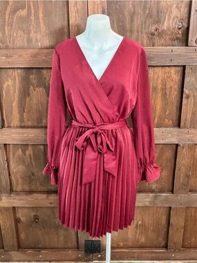 Women’s Deep Red Long-Sleeve Pleated Wrap Dress with Tie Waist